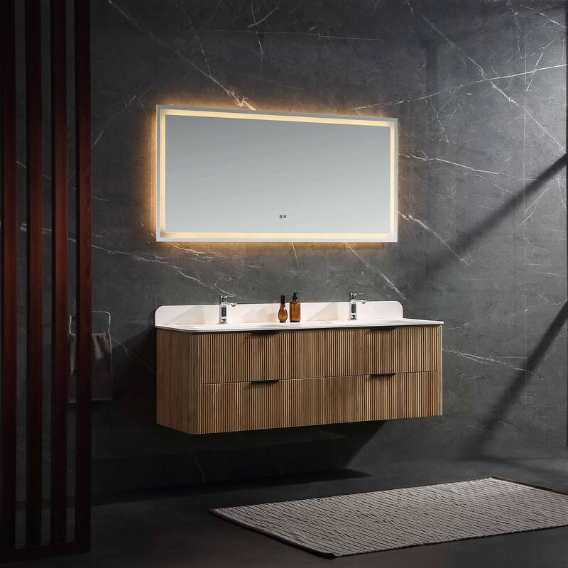 Modland 60" Natural Reeded Oak Wall-Mounted Double Sink Bathroom Vanity with Acrylic Top