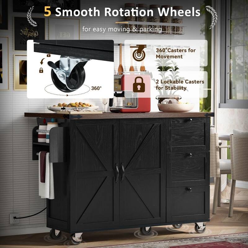 54.5" Kitchen Island with Power Outlet and Drop Leaf for Kitchen