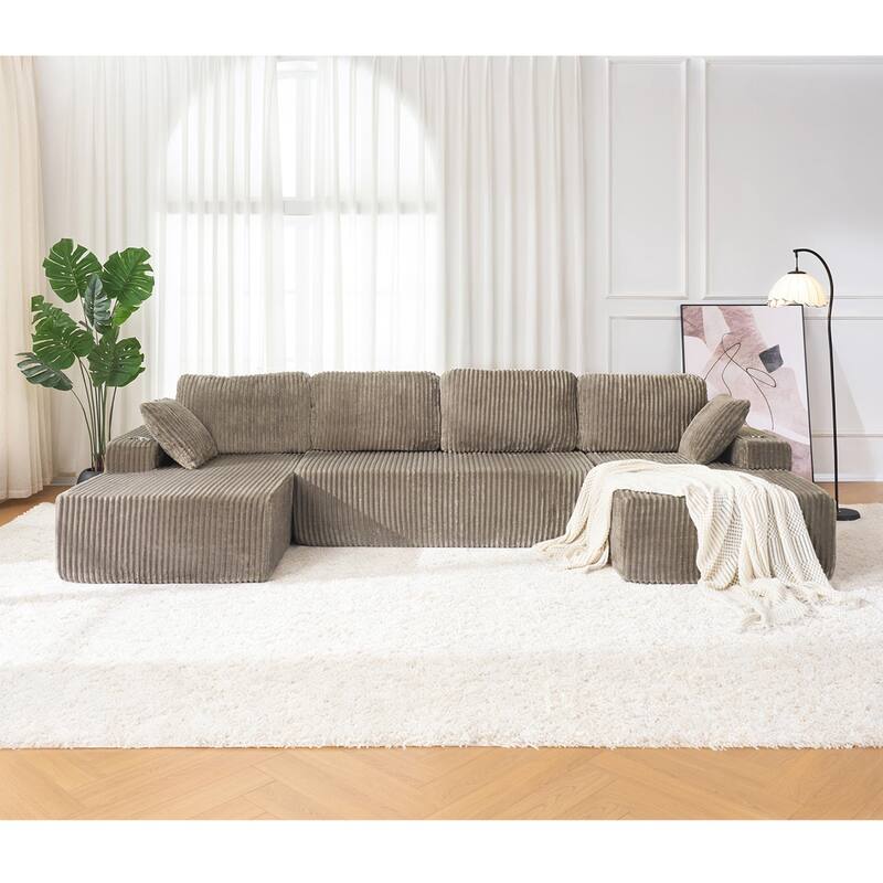 130" U-Shaped Corduroy Sectional Sofa with Cup Holders, No Assembly Required