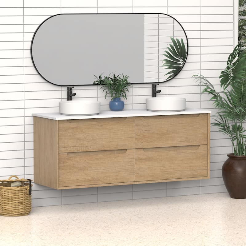60" Solid Wood Bathroom Vanity with White Quartz Countertop Ceramic Vessel Sink