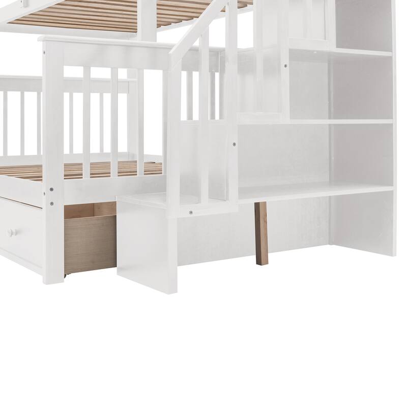 Twin-Over-Full Pine Bunk Bed with Staircase and Drawer
