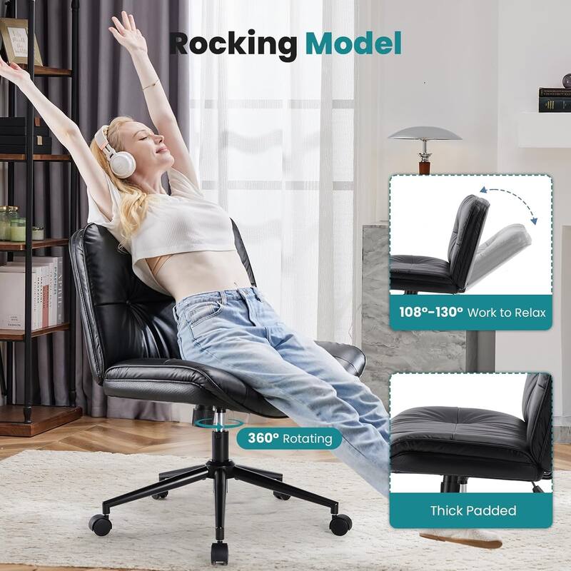 Criss Cross Chair with Wheels, Legged Home Office PU Leather Wide Armless Desk Seat - 27"D x 26.4"W x 34.8"H
