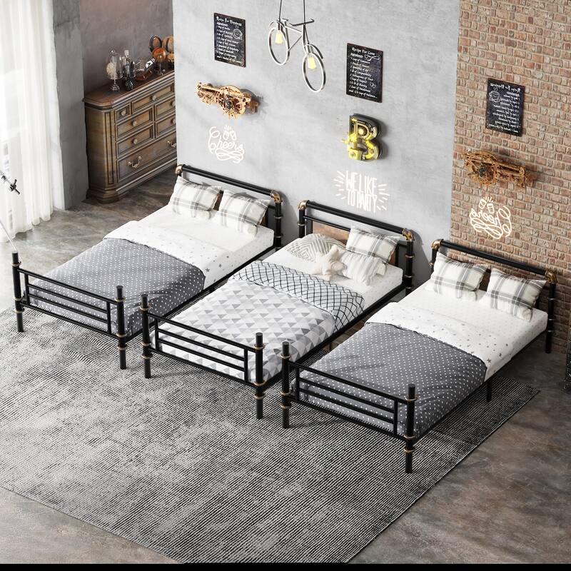 Heavy Duty Metal Quad Bunk Bed, Detachable Triple Bunk Bed, Converts to 3 Twin Beds, Black