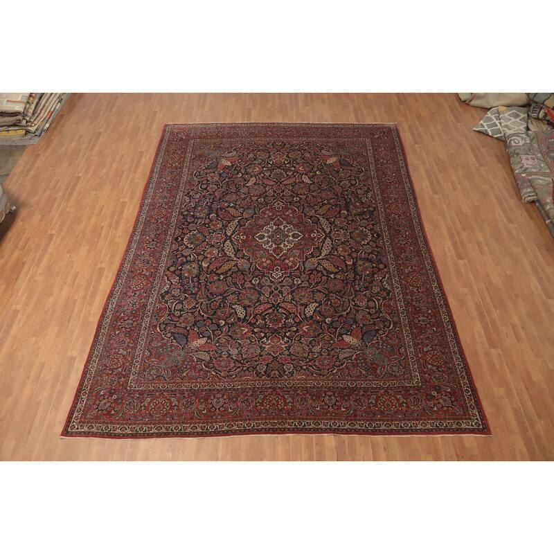 Hand Knotted Oriental 100% Wool Carpet Traditional Floral Navy Blue & Blues Kashan Area Rug - 14' 2'' X 10' 0''