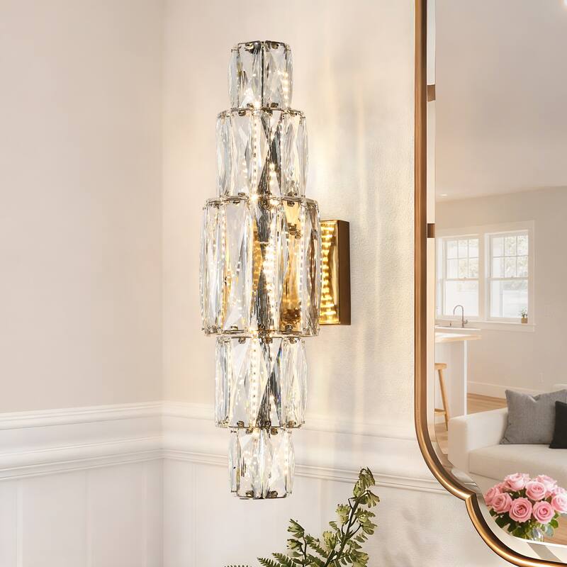 Modern Gold 1-Light LED Crystal Wall Sconce Cylinder Bathroom Vanity Light - W 6.8" x H 20"