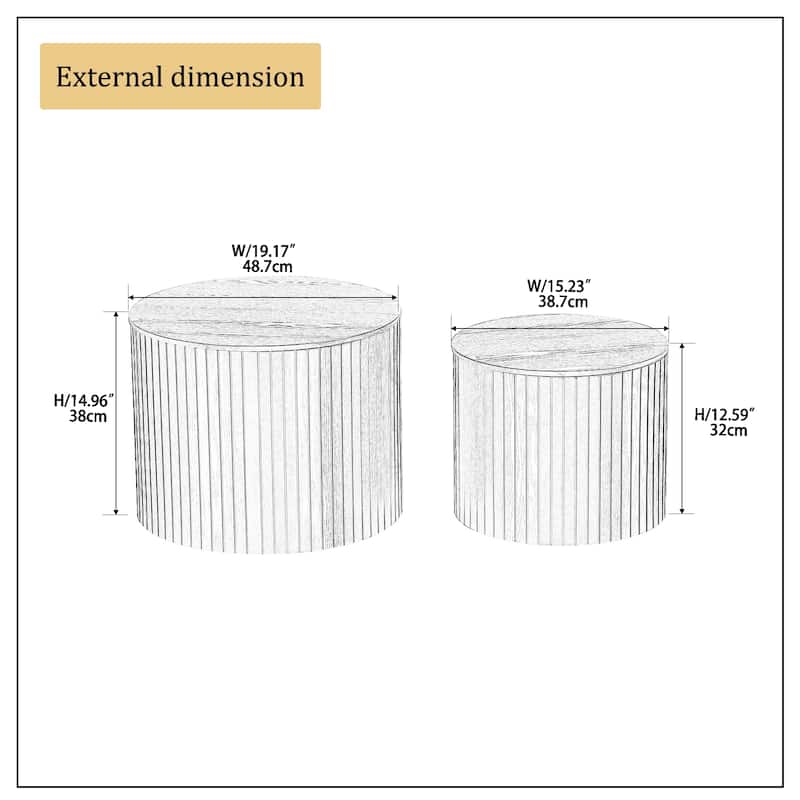Set of 2 Round Nesting Tables, Vertical Stripe Coffee Table Sets with Hidden Storage and Disassembled Tabletop