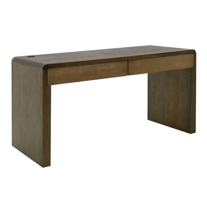 Esis Writing Desk, 2 Drawers, USB Ports, Dark Brown Mango Wood 60 Inch