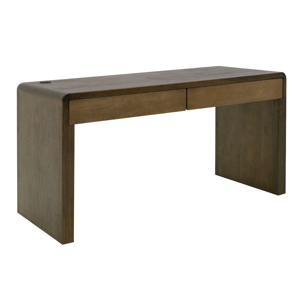 Esis Writing Desk, 2 Drawers, USB Ports, Dark Brown Mango Wood 60 Inch