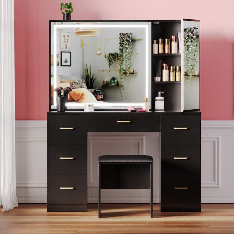 Vanity Set with Lighted Mirror,Extra Large Mirror Makeup Vanity Table with 7 Drawers,white - Black - 7-drawer