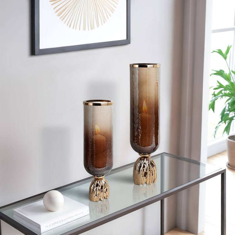 Glass Sculpted Base Hurricanes - Set of 2 - Brown, 20" - 23.0"