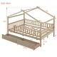 preview thumbnail 3 of 8, Full Size Wooden House Bed with Two Drawers and Fence, Natural