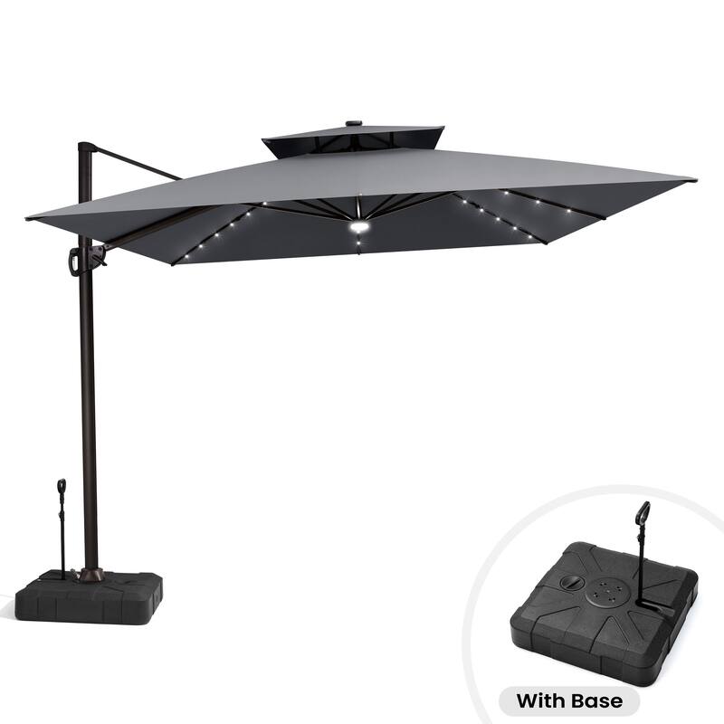 11 ft Outdoor Aluminum Dual Top Solar Powered LED Patio Cantilever Umbrella and Weighted Base with Wheels and Drag Rod - Dark Grey