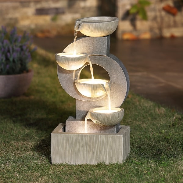 slide 2 of 11, Grey Curves and Cascading Bowls Resin Outdoor Fountain with LED Lights