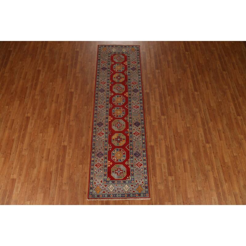 Geometric Kazak Oriental Hallway Runner Rug Hand-knotted Wool Carpet - 2'9" x 9'7"
