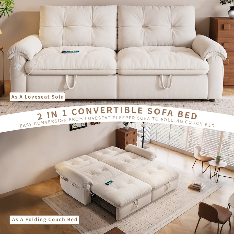 2-in-1 Velvet Pull Out Sleeper Sofa Bed Convertible Loveseat Couch for Sitting, Napping or Sleeping with Side Pockets and USB