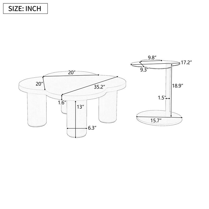 Roomfitters Modern Coffee Table Set of 2 with Irregular Shape and Glass End Table, Roman Column Legs, White
