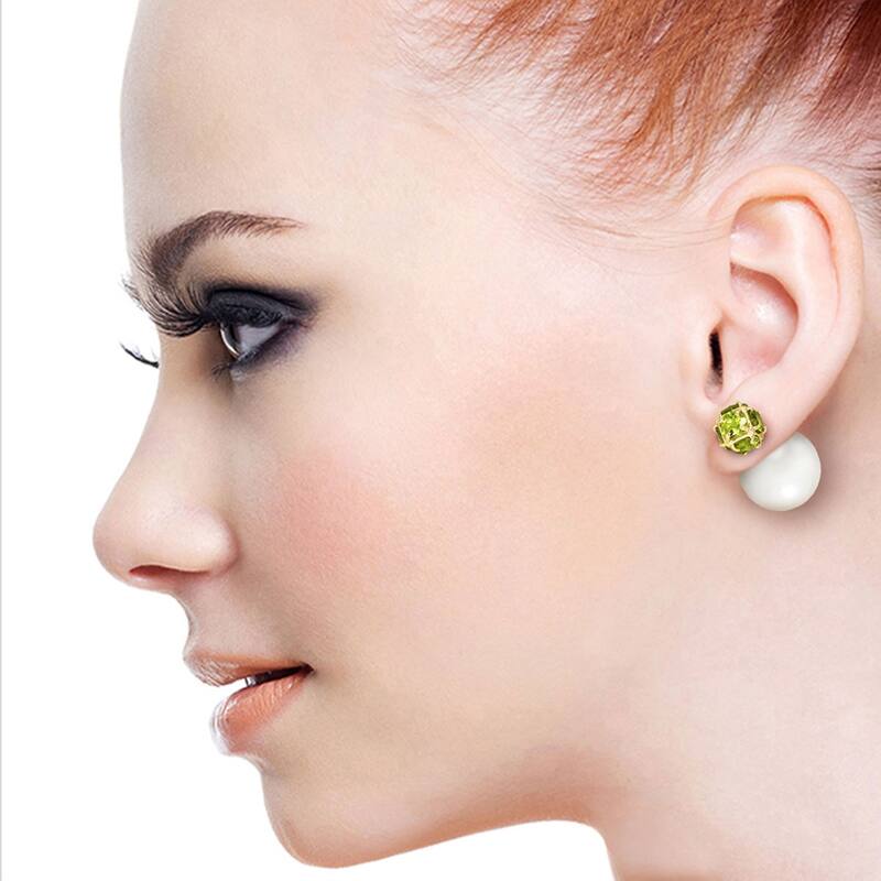 14K Solid Gold Tribal Double Shell Pearls And Peridots Stud Earrings