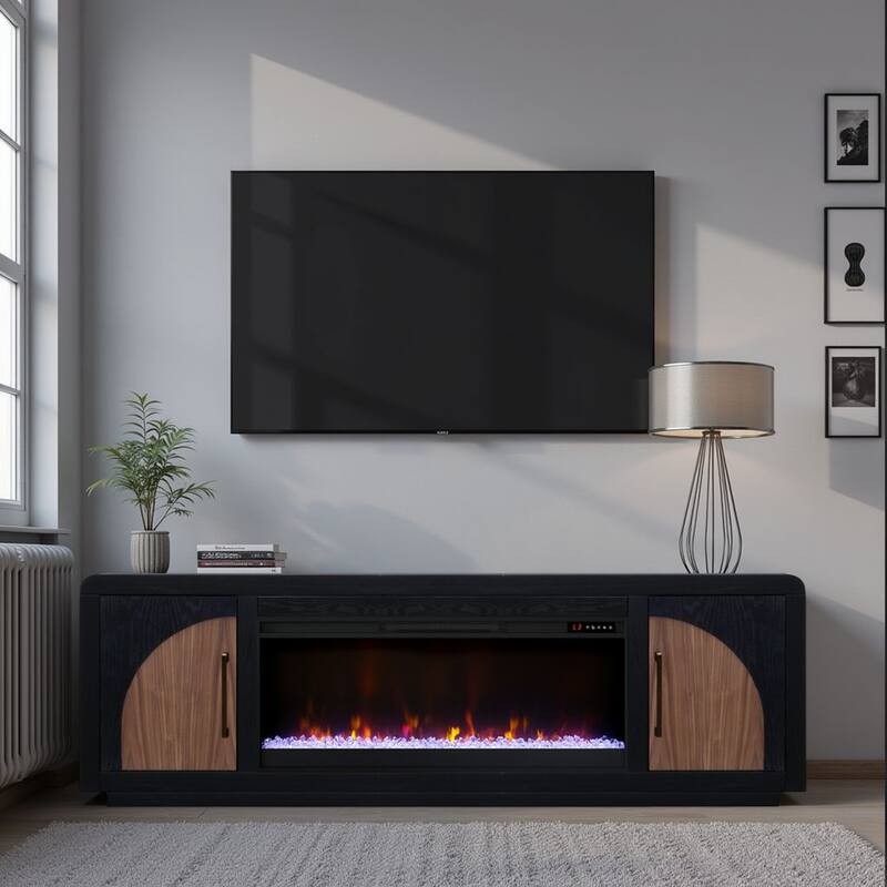 Bridgevine Home Eclipse 82 inch Fireplace TV Stand, for TVs up to 90 inches, Two-Tone Finish - Clove and Natural Walnut