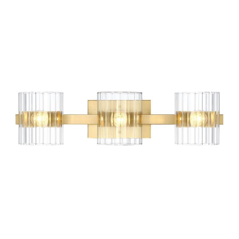 Aries 24.25 in. 3-Light Brushed Gold Transitional Vanity Light with Ribbed Glass Shades