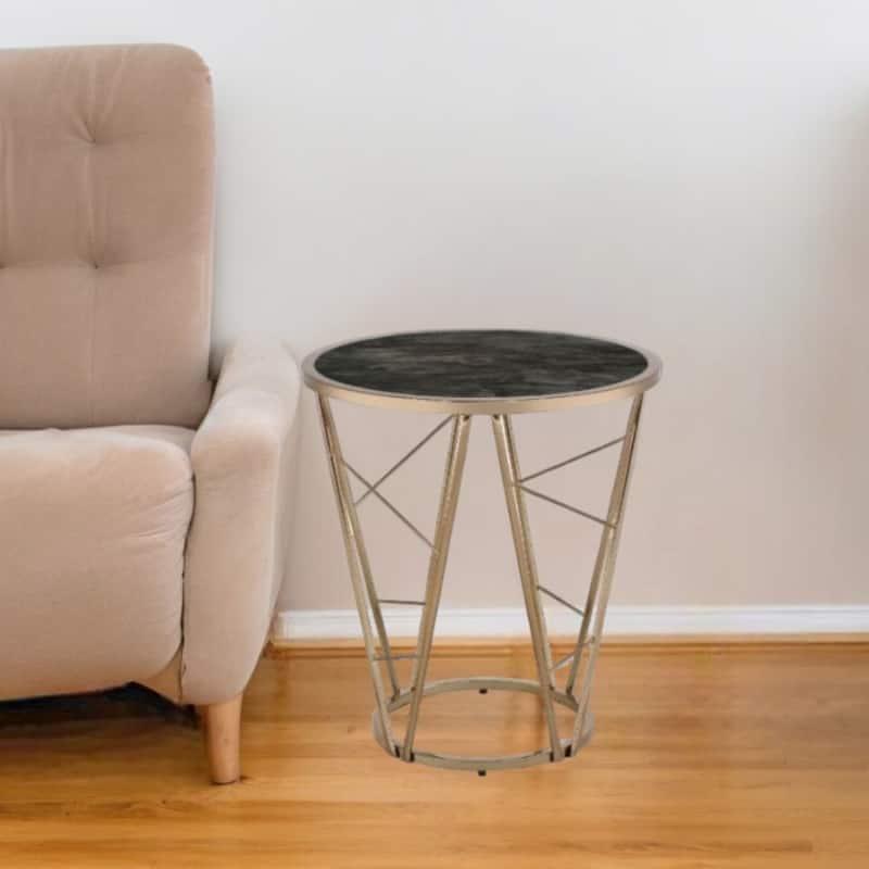 24" Black Faux Marble Glass Side Table with Abstract Champagne Metal Base for Living Room or Bedroom - 22"Dia x 24"H