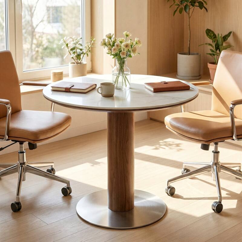 31.5 Inch Round Conference Table for 2-4, Office Meeting Table with Thicken Sintered Stone Tabletop - 31.5" Dia. x 29.53" H