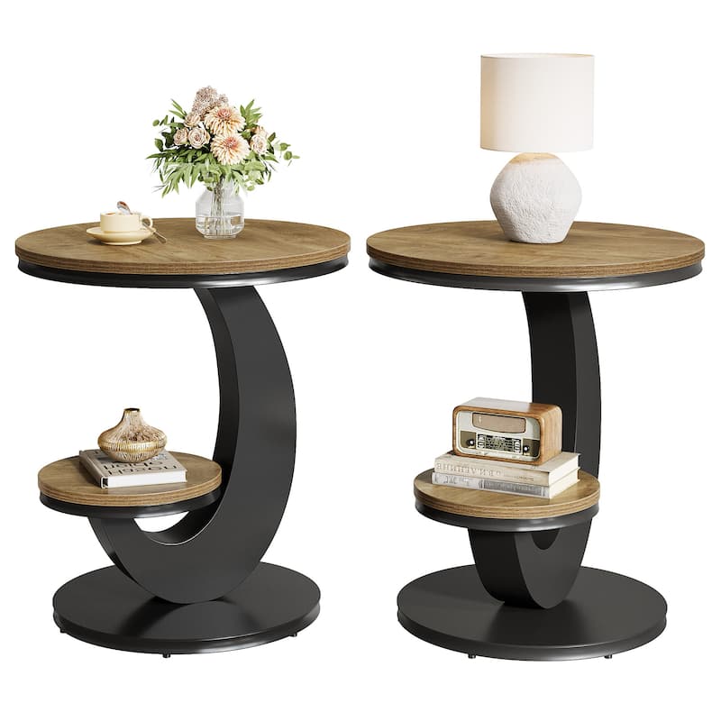 Round End Table, 2 Tiers Side Table with Storage Shelf