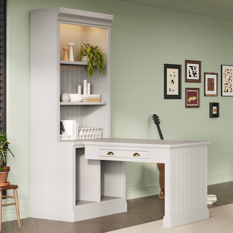 Bookshelf with Writing Desk, Study Desk Workstation with LED Lighting - White
