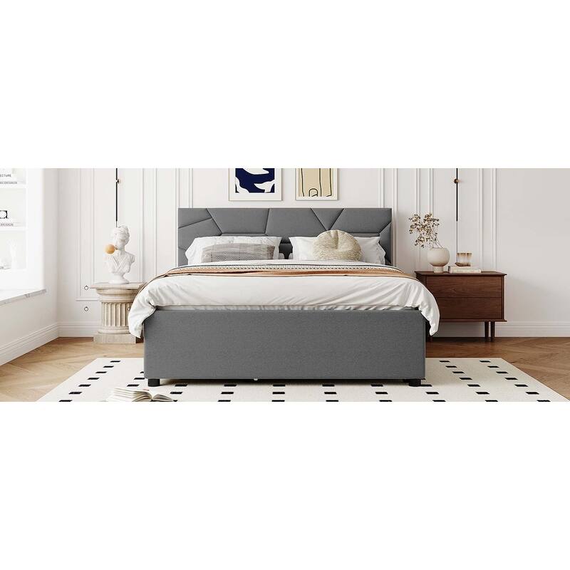 Platform Bed with Brick Pattern Headboard, Trundle & 2 Drawers