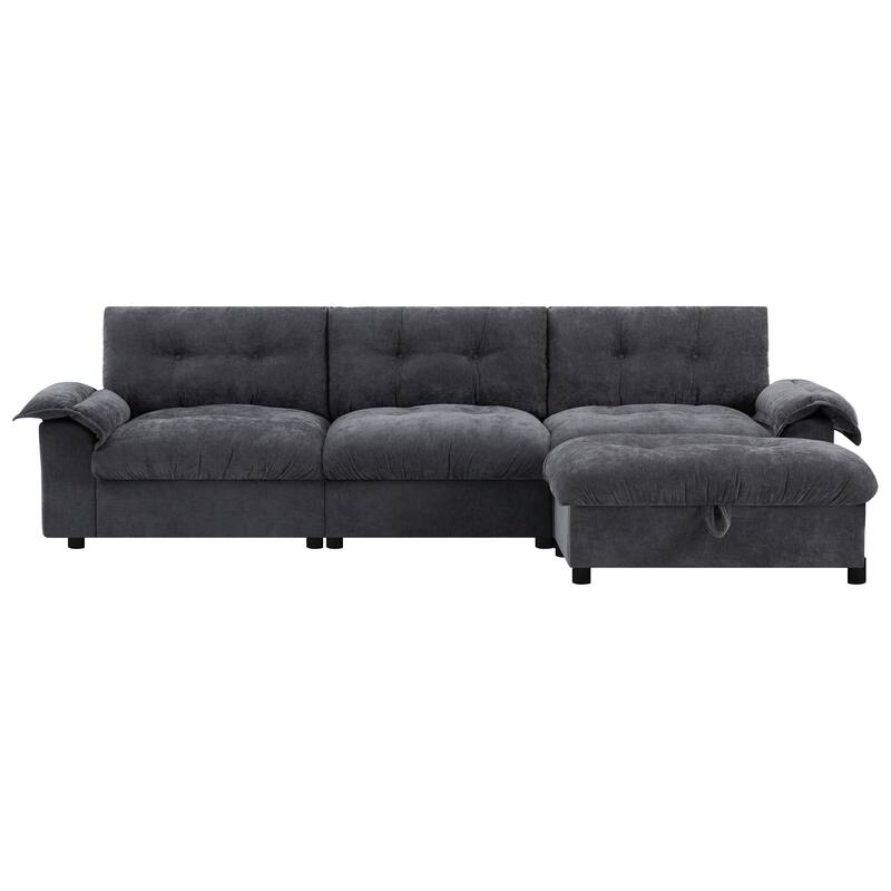 Chenille Tufted L-Shape Sectional Sofa with Storage Ottoman, Pockets and All-in-one Armrest with Dual-Port Charging, Cup Holder