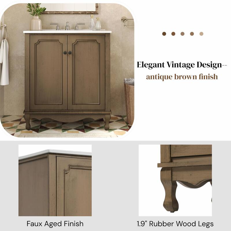 30" Vintage Bathroom Vanity - Rectangle Sink, Antique Handles, Solid Wood Legs, and Adjustable Shelves