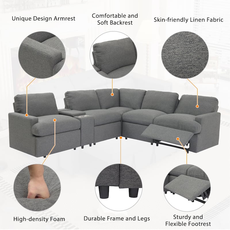 104" Linen Power Recliner Sectional 4-Seat Sofa with Storage, USB Ports and Cup Holders