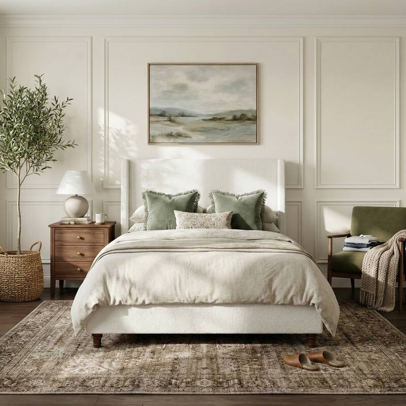 Christopher Knight Home - Modern 52.7" Tall Wingback Boucle Upholstered Platform Bed Frame with Solid Wood Legs & Slat Support