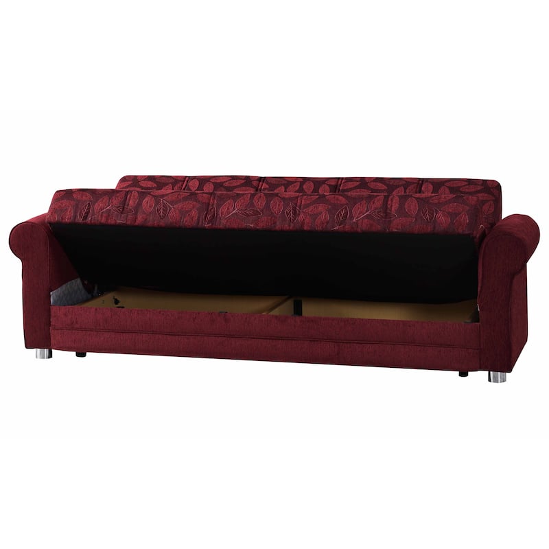 HomeRoots 89" Burgundy Chenille Convertible Futon Sleeper Sofa And Toss Pillows With Storage