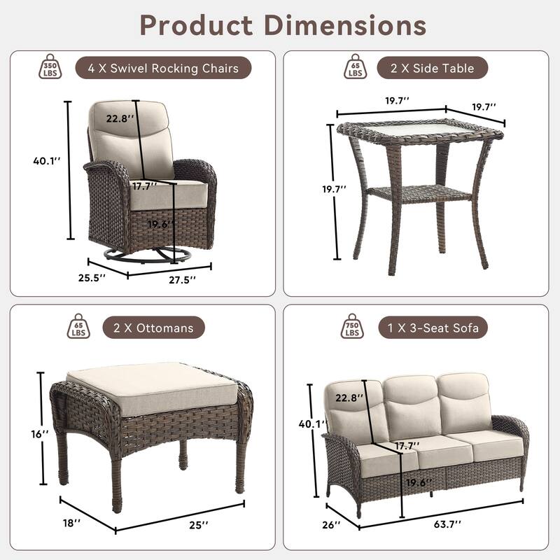 Pocassy Outdoor Wicker Patio Sofa with Swivel Chair Ottoman Sets
