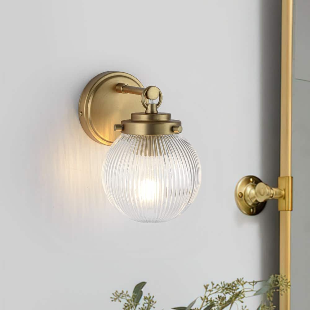 6.3''W 1-Light Brushed Brass Ribbed Glass Single Globe Wall Sconce - Brushed Brass