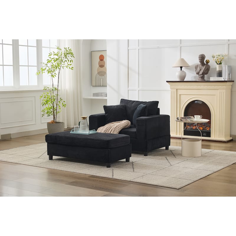 Chaise Lounge Chair with Removable Ottoman, Modern Accent Armchair Corduroy Sleeper Sofa Chair with Pillows for Living Room