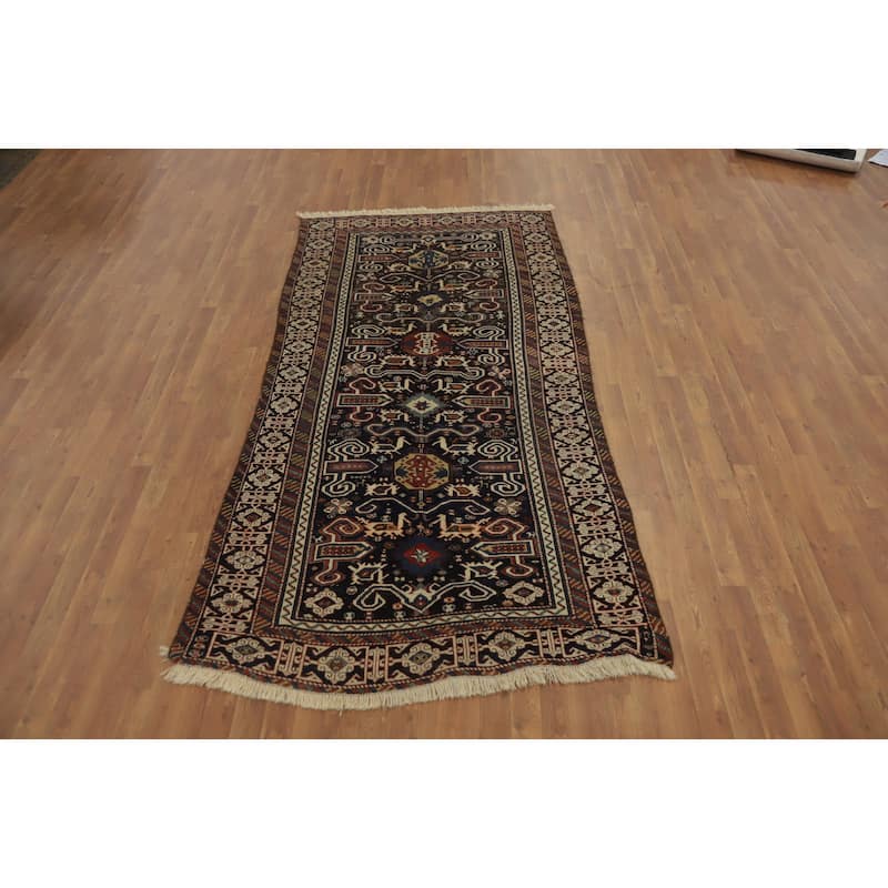 Hand Knotted Oriental 100% Wool Carpet Traditional Tribal Navy Blue & Blues Kazak Runner Rug - 8' 11'' X 4' 5''