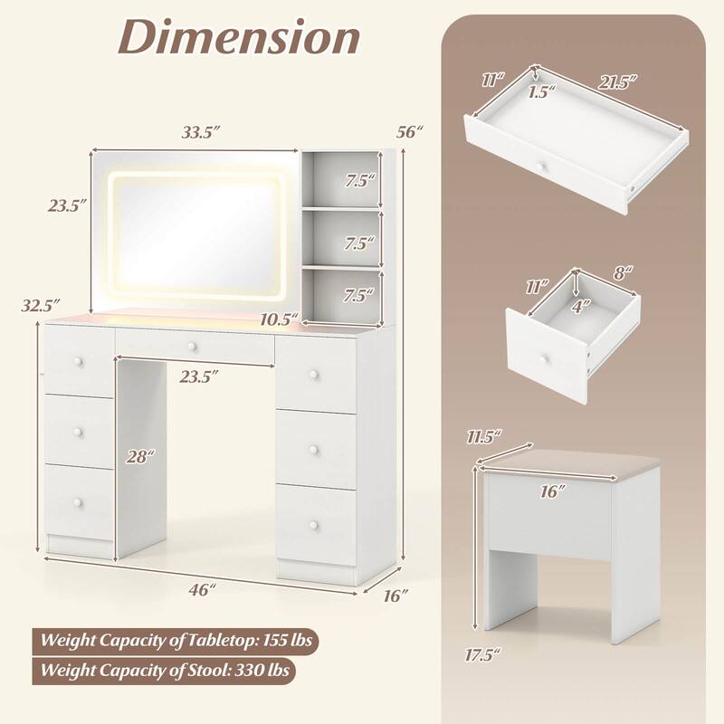Costway Vanity Desk with Mirror & Lights Makeup Table with Power - See Details