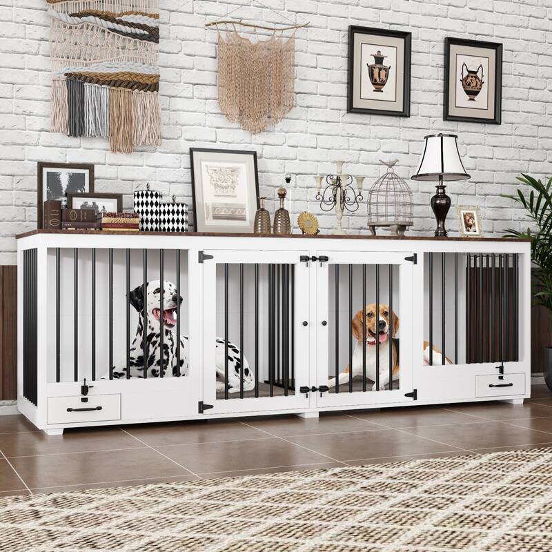 Dog Crate Furniture with Feeding Drawer and Divider, 86.6" Extra Large Indoor Dog Kennel for 2 Dogs,Pet Crate Sideboard