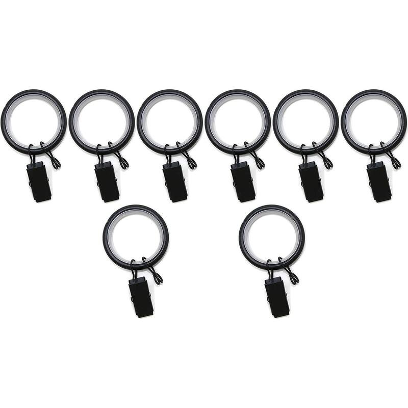 8PCS 1.25" Drapery Curtain Rod Rings for 1" Rod with Clips - Black - Black Finish
