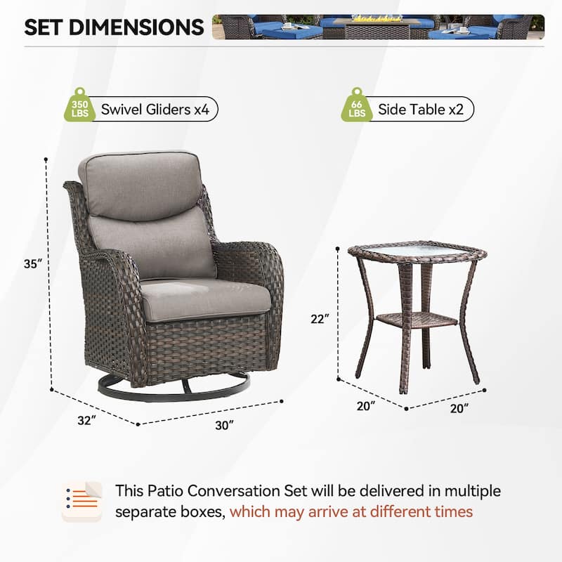 6 Pieces Outdoor Gliders Swivel Chairs with Table with 5-Inch Thick Cushions