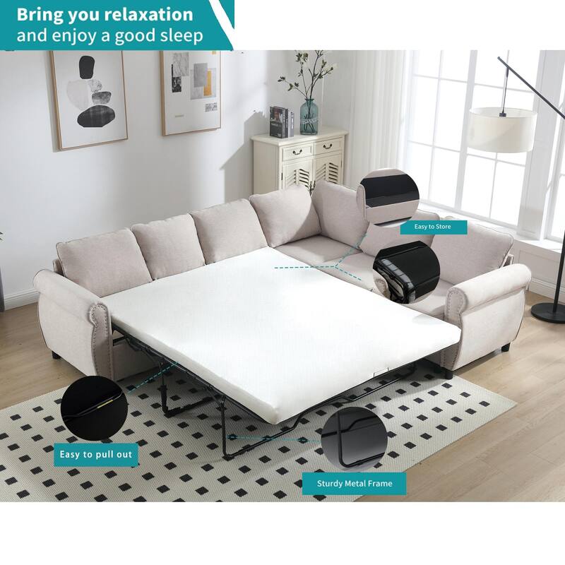 104" Polyester L-Shaped 6-Seater Sleeper Sofa with Pull-Out Queen Bed and 7 Removable Cushions