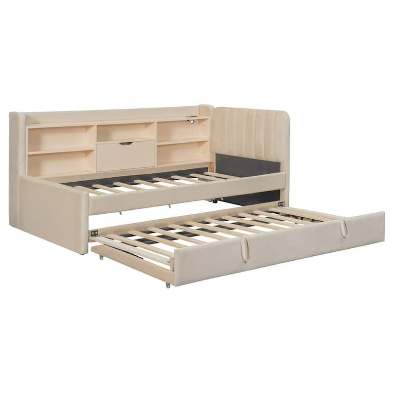 Twin Size Upholstered Daybed with Pop Up Trundle and Storage Shelves & Socket