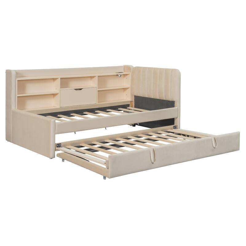 Velvet Upholstered Twin Daybed with Trundle, Storage Shelves & USB Charging (Beige)