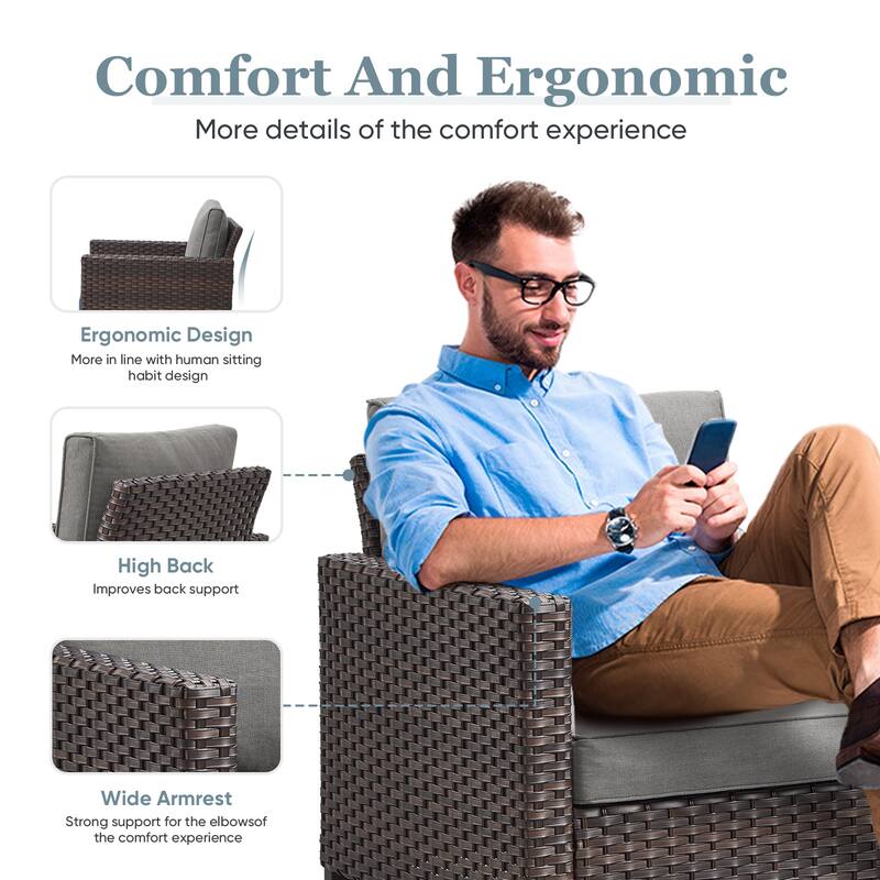 Outdoor Sofa Chairs Ottomans and Fire Table Brown-Grey - Brown