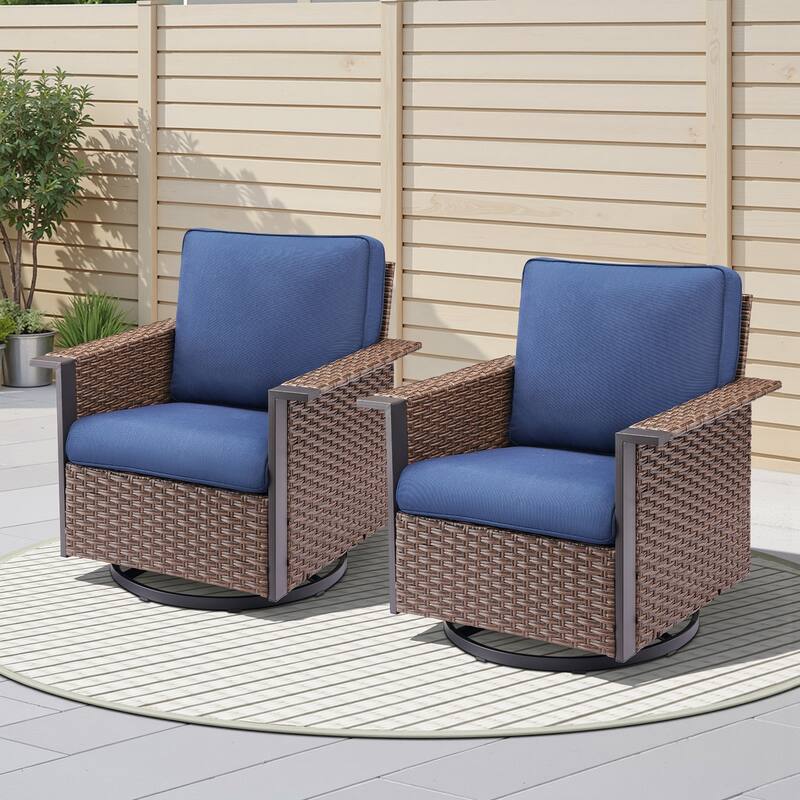 Pocassy Outdoor Wicker Sofa Glider Chair with Ottoman Set - Brown Wicker Blue Cushion - 2-Piece Swivel Chair with Cushion