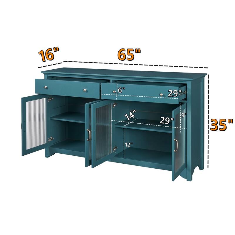 Teal Blue 65" TV Stand with Two Large Drawers, Glass Doors and Adjustable Shelves for TVs up to 72"