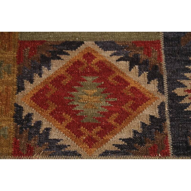 Green & Blue Geometric Kilim Oriental Area Rug Hand-Woven Wool Carpet - 7'8"x 9'10"