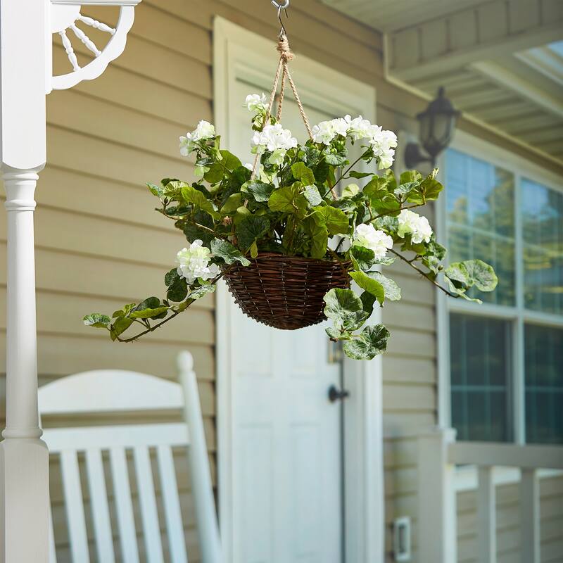 Silk White Geranium Arrangement with Hanging Basket