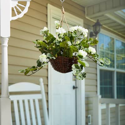 Silk White Geranium Arrangement with Hanging Basket